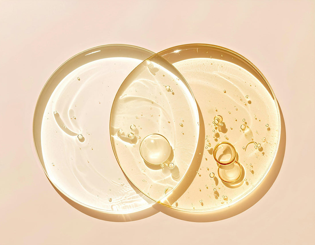 Cleansing oil and gel textures overlapping on a soft peach background
