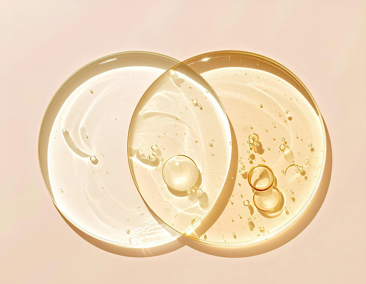Cleansing oil and gel textures overlapping on a soft peach background
